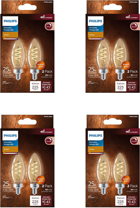 Vintage Flicker-Free Amber Spiral B11 Dimmable, Eyecomfort Technology, 225 Lumen, Amber Light(2000K), 3.5W=25W, Title 20 Certified, E12 Base, 8-Pa...