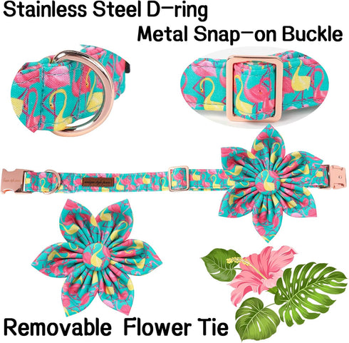 Unique Style Paws Summer Dog Collar with Floral Bow,Flamingo Bow Tie Puppy Collar, Cute Green Dog Bow Collar for Small,Medium,Large Dogs Pets Summ...
