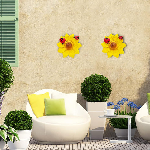 12 Inches Metal Flower Wall Art Garden Decor Cute Ladybug Flowers Decorations Hanging for Outside Yard Porch Lawn (Yellow)...