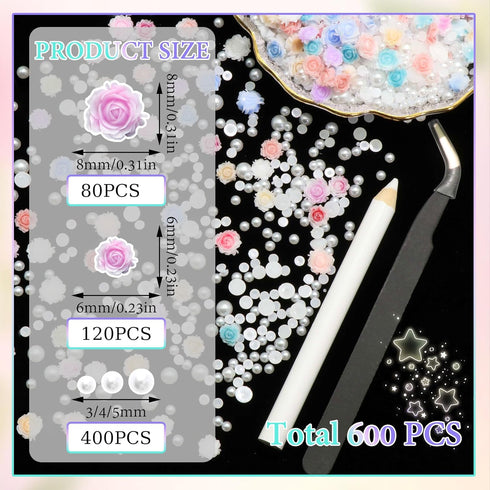 600Pcs Flower Nail Charms and Flatback Pearls,Mixed Size 3D Rose Flowers Nail Charms for Acrylic Nail Supplies Design,White Half Pearls for Nail J...