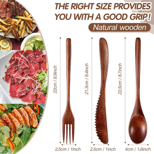 Geiserailie 12 Pcs Wooden Utensils for Eating Wooden Spoon Fork Knife Cutlery Set Kitchen Wood Dinner Flatware Tableware Set Includes Spoon, Fork,...