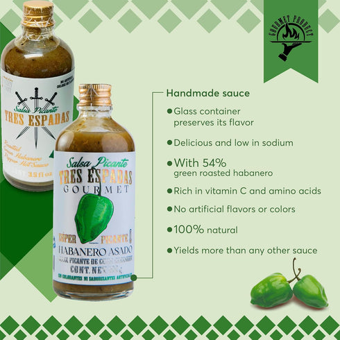 Tres Espadas | Habanero Hot Sauce | Habanero Pepper | Mexican Gourmet Recipe | Hot Sauce Bottle 3.5 fl oz | Green Roasted Habanero Flavor...