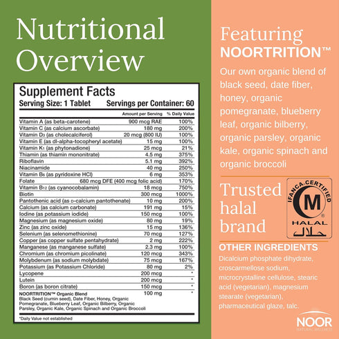 Noor Vitamins Energy+ Multivitamin; Halal Vitamin for Energy Production & Immunity, 26 Vitamins & Minerals, Black Seed, Dates, Honey, for Men & Wo...
