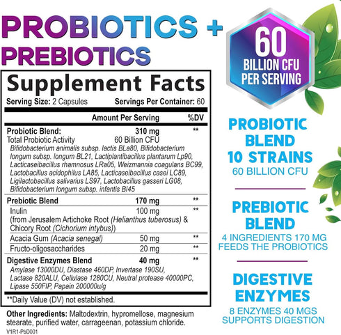 Daily Probiotic and Prebiotic Supplement 60 Billion CFU Capsule for Women & Men - 10 Diverse Strains - Acidophilus Prebiotics & Probiotics for Dig...