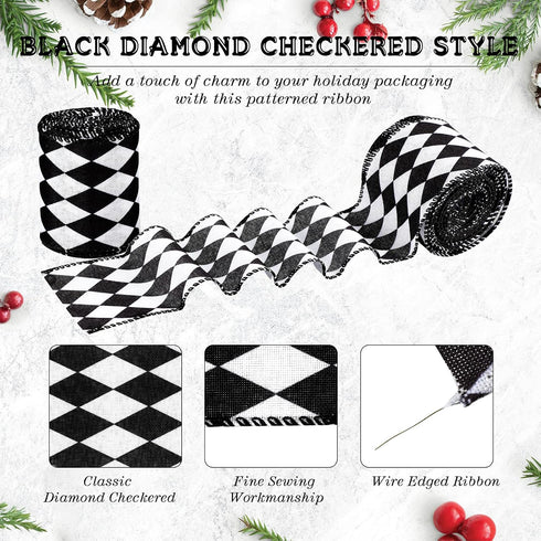 3 Rolls 30 Yards Black White Harlequin Ribbon Checkered Wired Ribbon Decorative Ribbons for Xmas Fall Tree Wrapping Wreath Bouquet Crafts(2.5 Inch...