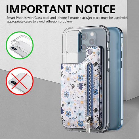 Stick on Wallet for Phone Case, Credit Adhesive Card Holder for Back of Phone Cases Flip Leather Zipper Flower Wallet Sleeve Compatible with iPhon...