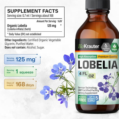 BIO KRAUTER Lobelia Tincture - Vegan Lobelia Extract - Alcohol & Sugar Free Respiratory Support Supplement - 4 Fl.Oz....