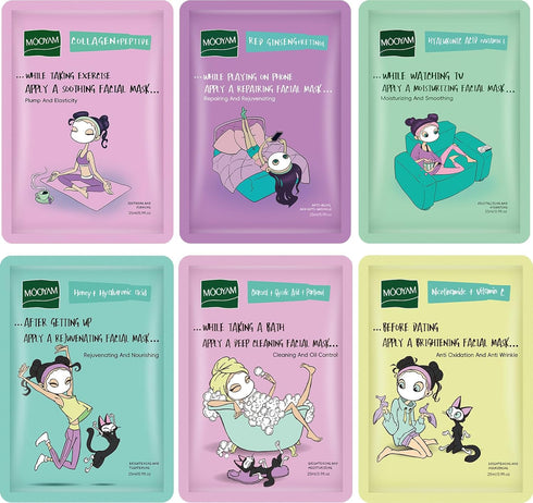 Face Masks Skincare Set of 6 Sheet Face Masks Moisturizing Masks for Face Extract for All Skin Types-Natural Home Spa Treatment Masks Collagen Fac...