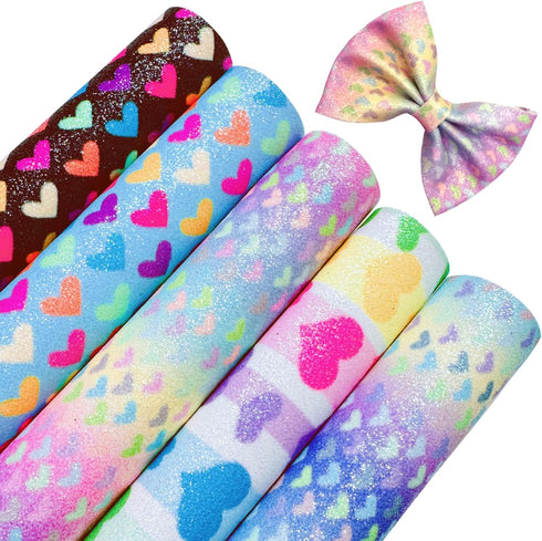Shalun Heart Faux Leather Glitter PU Canvas Sheets 8x12inch Shiny Colorful Rainbow Printed Quilt Sewing Fabric Charm Pack for Applique Patches Cra...