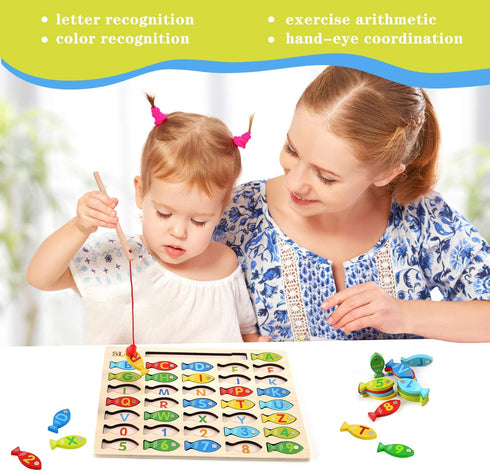 Magnetic Wooden Fishing Game Toy for Toddlers - Alphabet ABC Fish Catching Counting Learning Education Math Preschool Board Games Toys Gifts for 3...