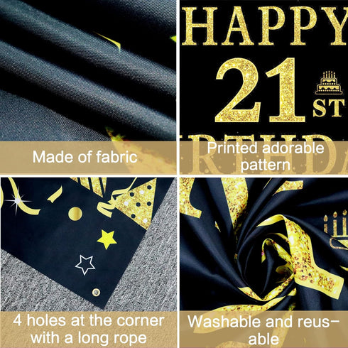 Trgowaul 21st Birthday Decorations for her him, Men Women Black Gold 21st Birthday Backdrop Banner, 21 Years Old Party Supplies Photography Backgr...