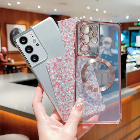 for Samsung Galaxy S21 Ultra Case Compatible with MagSafe Cute Leopard Glitter Magnetic Phone Case Luxury Plating Clear Camera Cover Shockproof So...