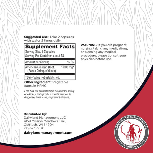 Dairyland American Ginseng Capsules, 75 ct (2000 mg) – Concentrated Wisconsin Ginseng Root Extract – Daily Herbal Supplement for Immune Support...