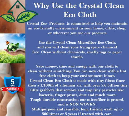 Crystal Clean Eco-Cloth Amazing Lint-Free/Streak-Free/Chemical-Free Microfiber Cloth for Windows & Glass/Mirrors Stainless Steel Appliances TV/Com...