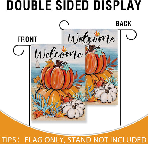 Welcome Fall Pumpkin Small Decorative Garden Flag, Autumn Beach Coastal Coral Leaves Yard Lawn Outside Decor, Thanksgiving Nautical Crab Starfish ...
