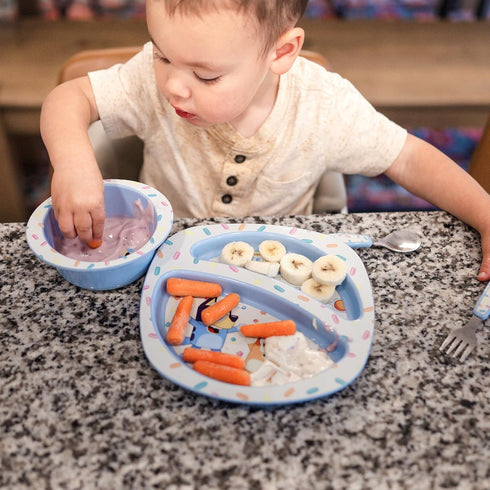 The First Years Bluey 4-Piece Place Setting - BPA Free Dishwasher Safe Toddler Dinnerware Set with Divided Plate, Bowl, Fork, Spoon - Multicolor...