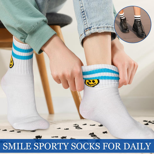 10 Pairs Cute Smiling Face Socks Cotton Striped Tube Socks Novelty Funny Crew Double Stripes Smile Athletic Socks for Women Girls...