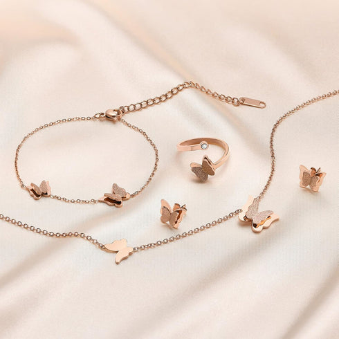 VNOX Butterfly Matte Finish Rose Gold Plated Stainless Steel Bracelet Ring Necklace and Stud Earrings Jewelry Set for Women Teen...