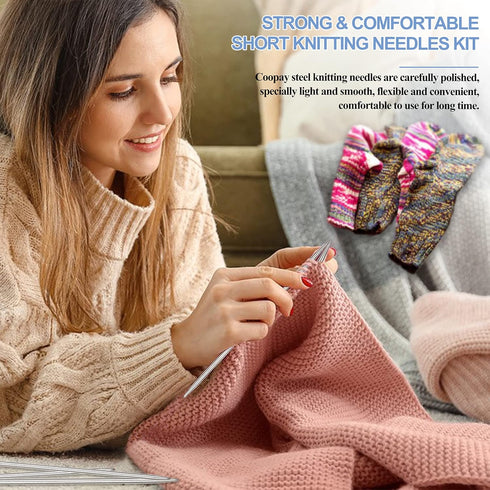 Coopay Short Double Pointed Knitting Needles Kit 20cm, Double Ended Stainless Steel Needles 2.0mm to 5.0mm, DPNS Knitting Pins Set for Beginner & ...