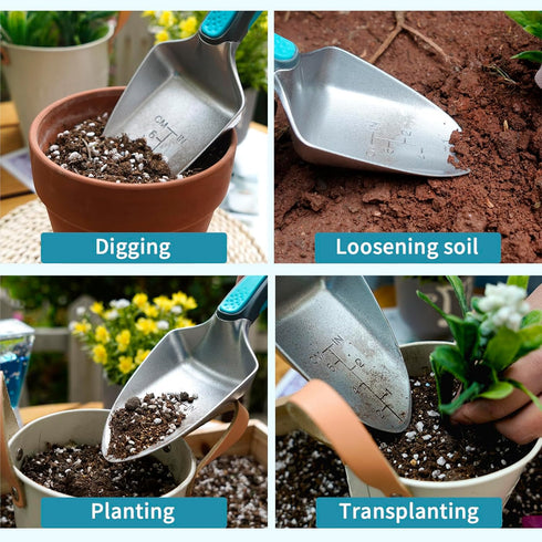 Garden Shovel Gardening Hand Trowel with Measurement Mark, Aluminum Alloy Garden Transplanting Shovel with Rubberized Handle, Rust Resistant Trowe...