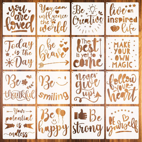 16 Pieces Inspirational Word Stencil Kit Motivational Stencils Inspirational Word Reusable Polyester Film Template Stencils with Open Ring for Pai...