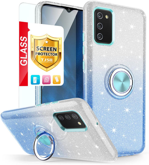 TJS Compatible with Samsung Galaxy A02S Case, with Tempered Glass Screen Protector, Metal Ring Magnetic Support Kickstand Tone Shinny Glitter Girl...