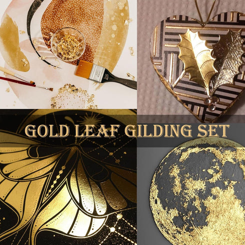 Gold Leaf Gilding Adhesive Set, 100ml Water Based Metal Leaf Glue and 100ml Varnish, Gold Leaf Sheets 100 pcs, 2 Brushes, for Craft, Painting and ...