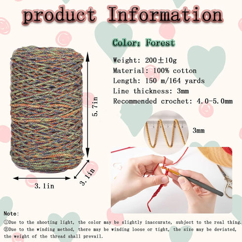 1 PCS 200g Forest 100% Cotton Yarn Hollow Knitted Crochet Yarn,164 Yards Fabric Yarn Round Rope Yarn for DIY Handbag Purse Basket Cushion Crochet ...