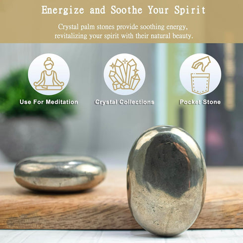 Golden Pyrite Palm Stone, Worry Stone Large Oval Palm Stone Chakra Healing Hand Carved Pocket Massage Stone Reiki Polished Stone Massage Spa Energ...