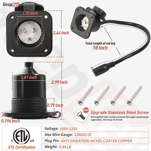 GeepKey 15 Amp Flanged Inlet 125V with Integrated 18" Extension Cord, NEMA 5-15 RV Plugs Receptacle with Waterproof Cover, Straight Blade/ETL Appr...