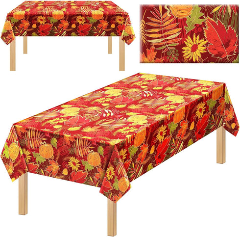 Tegeme 1 Pcs Thanksgiving Fall Leaf Tablecloth Disposable Plastic Pumpkin Maple Leave Table Cover Waterproof Rectangle Plastic Tablecloth for Autu...