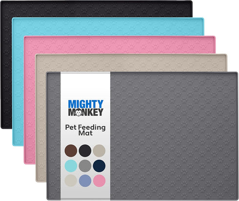 MIGHTY MONKEY 100% Waterproof Dog Food Mat, Raised Edges Silicone Pet Feeding Placemat for Cat, Dogs, Pet Bowls, High Lipped Tray Prevents Water S...