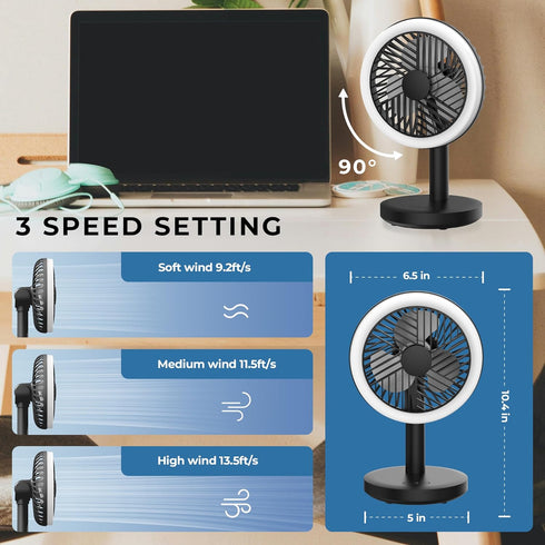 Rechargeable Small Quiet Desk Fan - 2400 mah 5-inch Table Fan with LED Light, Portable Battery Operated Fan with Hook for Office, Bedroom, Camping...