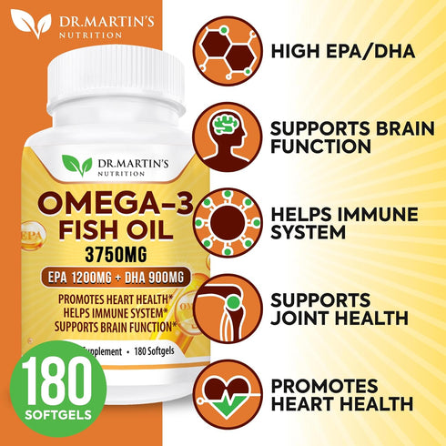 Omega-3 Fish Oil 3750mg Triple Strength - 180 Burpless Softgels | EPA 1200mg + DHA 900mg | Promotes Healthy Heart, Immune System, Eyes, Skin & Bra...