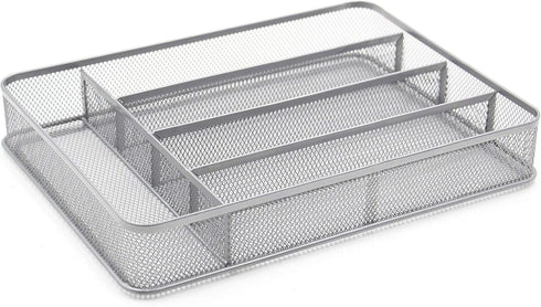 TQVAI Silverware Organizer - 5 Slots Non-Slip Mesh Kitchen Drawer Organizer - Metal Compact Utensil Cutlery Holder in Drawer Tray, Silver...