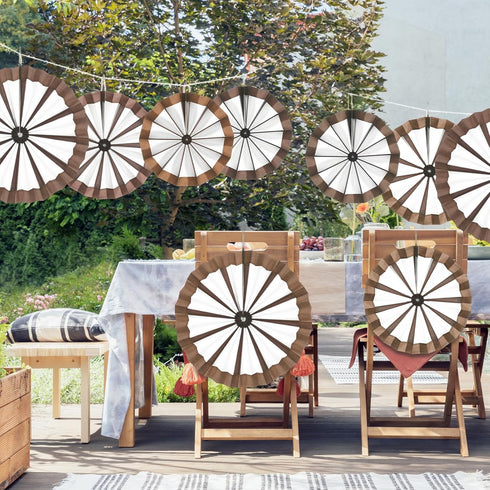 Outus 9 Pcs Wagon Wheel Decorations Paper Fans Wooden Wagon Wheels Wall Decor Western Hanging Paper Fans for Wild West Western Cowboy Themed Class...