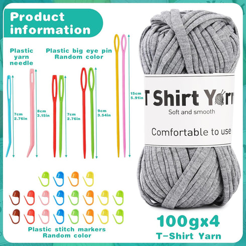 4 Pack T-Shirt Yarn Set, 3.5Oz Flat Crochet Yarn Soild Color Crocheting Yarn with Knitted Plastic Eye Needles for Summer Hand DIY Crocheting Proje...