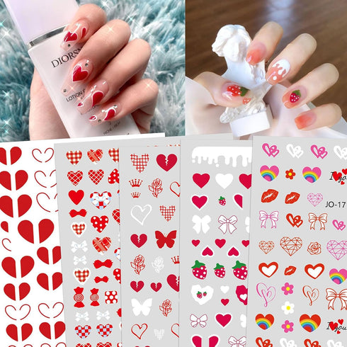 Valentine's Day Nail Stickers Decals Cute Heart Nail Art Decals 3D Self-Adhesive Nail Stickers Heart Strawberry Bow Flower Nail Designs Nail Decal...