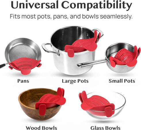 Kitchen Gizmo Snap N Strain Silicone Pot Strainer - Adjustable Clip-On Pasta Strainer for Pots, Pans, and Bowls - Large Red Kitchen Colander...