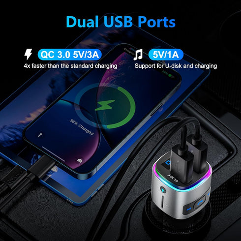 Bluetooth FM Transmitter for Car, SONRU Bluetooth Car Adapter, Wireless FM Radio Transmitter, Support QC3.0 USB Charging, Hands-Free Calling, Siri...