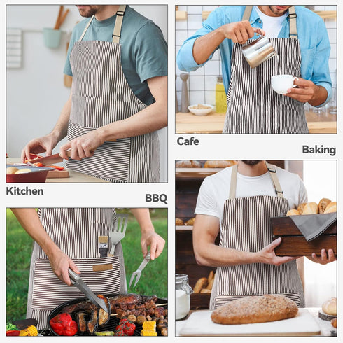 NLUS 2 Pack Cooking Aprons for Women with Pockets, Adjustable Kitchen Bib Aprons Chef Aprons for Women Men(Brown Pinstripes)...