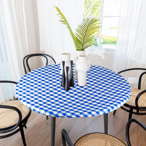 Sorfey Round Tablecloth -Fitted with Elastic, Vinyl with Flannel Back, Fits for Table 60 Inches Round,Water Proof, Easy to Clean, Checked Blue Des...