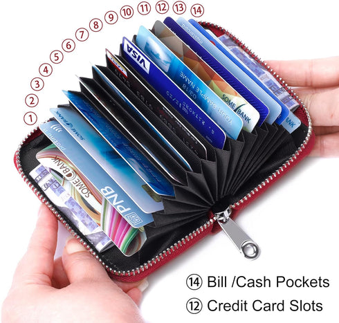 FEITH&FELLY Genuine Leather Credit Card Holder RFID Small Zipper Card Case Wallet for Women & Men...