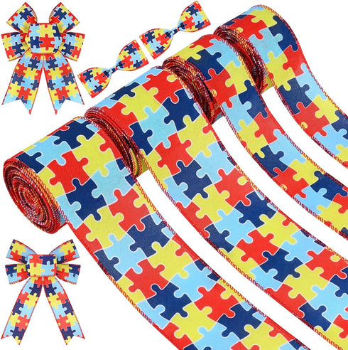 4Rolls 20Yards Autism Awareness Wired Ribbon Colorful Puzzle Fabric Ribbon for Gift Wrapping Bow Wreath Making Craft Supplies, 2.5 Inch/1.5 Inch...