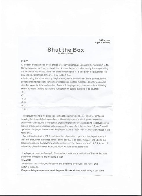 1-4 Players Shut The Box Dice Game, 10 Numbers Traditional Wooden Pub Bar Board Family Table Mat Game Dice for Kids and Adults...