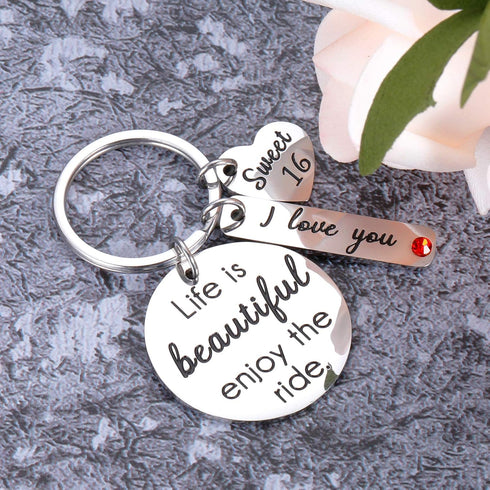 Sweet 16 keychain Gifts for Girls Daughter Son from Dad Mum Life is Beautiful Enjoy the Ride 16th Birthday Gift for Teens Boys Jesus Baptism Keyri...