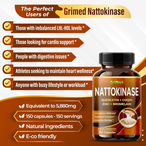 Nattokinase 8,800mg X8 Power with Quercetin, CoQ10, Zinc, Bromelain for Digestion Function, Immunity Booster, Overall Well-Being - USA made & test...