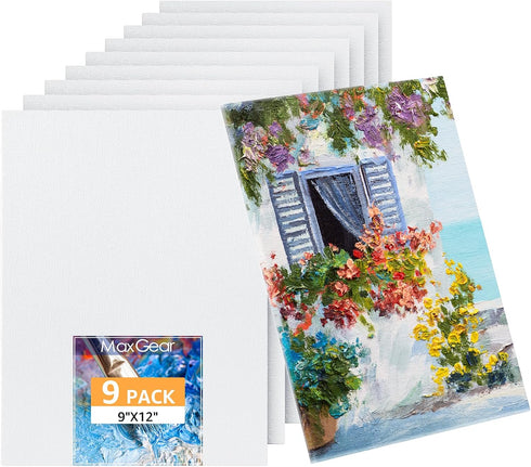 MaxGear Canvas for Painting 9"x12", 9 Pack Painting Canvas Panels, 100% Cotton Blank Flat Art Canvases for Painting for Acrylics Oil Watercolor Te...