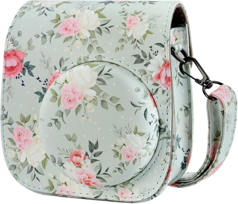 Yoption Instant Camera Case Compatible with Instax Mini 12/11/9/8/8+, PU Leather Camera Bag with Pocket and Adjustable Shoulder Strap (Green Flora...