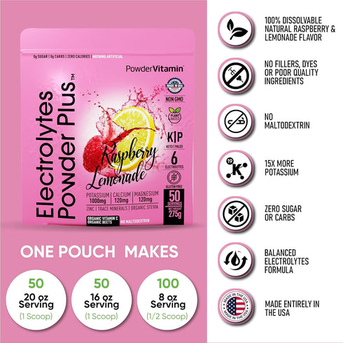 Electrolytes Powder Plus (50 Servings) Raspberry Lemonade Electrolyte Powder Zero Calorie Keto, 0 Sugar, No Maltodextrin,1000mg Potassium,120mg Ca...